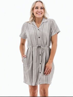 Lupin Striped Short Sleeve Dress in Navy Blue and Cream 100% Cotton